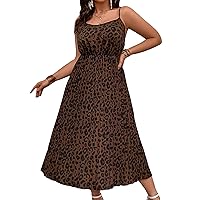 Floerns Women's Plus Size Leopard Print Sleeveless Pleated Hem Cami Long Dress