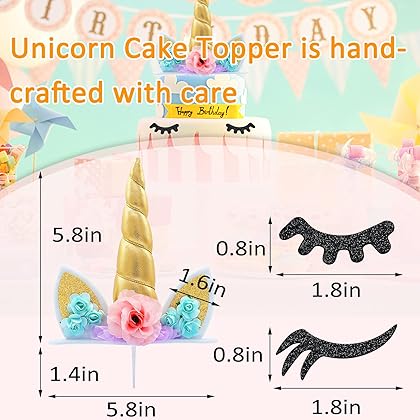 Unicorn Cake Topper Party Supplies Decorations for Girls Gold Unicorn Horn First Birthday Cake Topper Kit with Eyelashes, 5.8 Inch