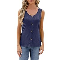 Cute Tank Tops for Women Trendy，Womens Summer Sleeveless Casual Solid Basic T Shirts Button Scoop Neck Tanks Blouse