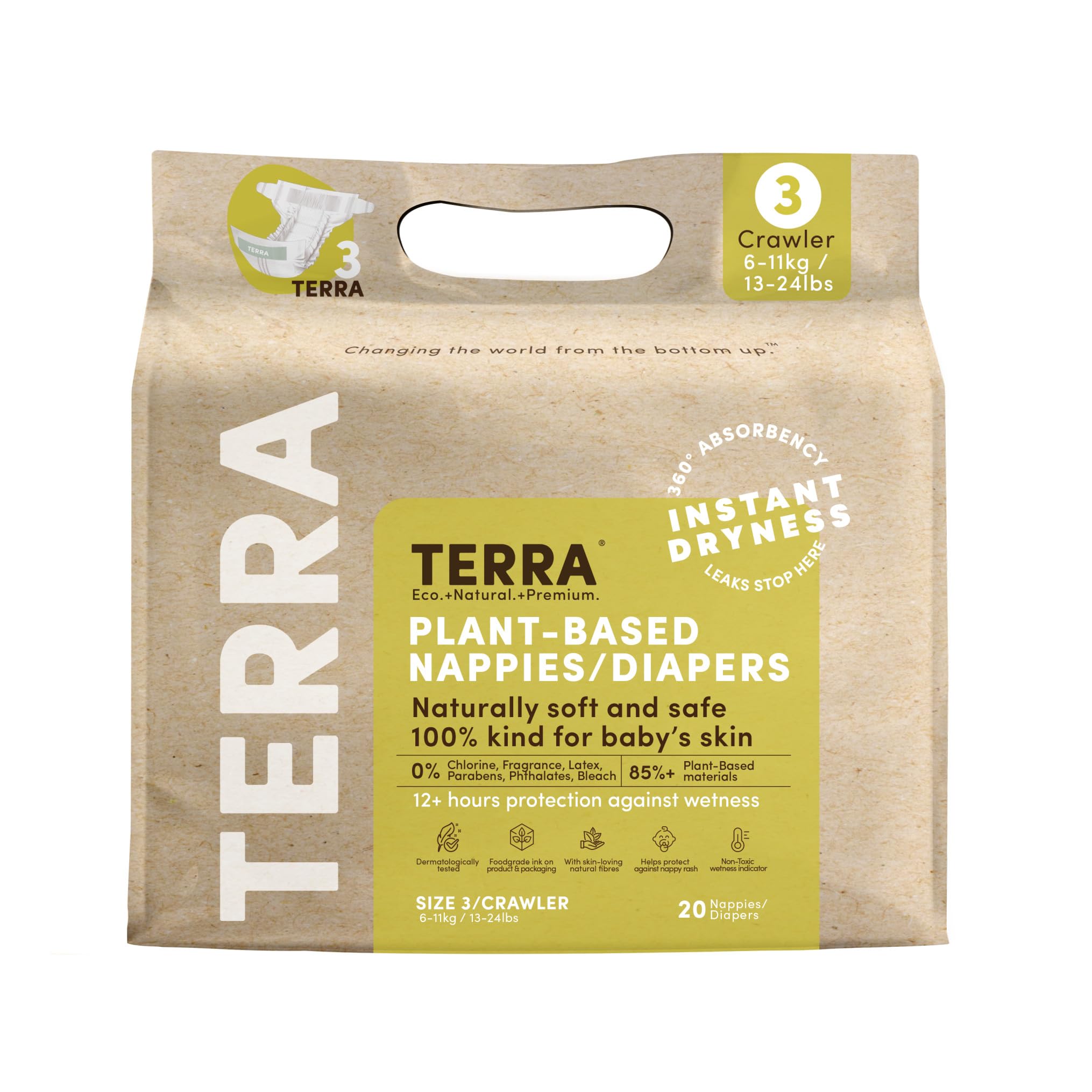 Terra Size 3 Diapers: 85% Plant-Based Diapers, Ultra-Soft & Chemical-Free for Sensitive Skin, Superior Absorbency for Day or Nighttime Diapers, Designed for Babies 13-24 Pounds, 20 Count