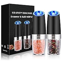 Gravity Electric Pepper and Salt Grinder Set, Adjustable Coarseness, Battery Powered with LED Light, One Hand Automatic Operation, Stainless Steel Black, 2 Pack