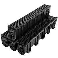 Trench Drain System, Channel Drain with Plastic Grate, 5.9x7.5-Inch HDPE Drainage Trench, Black Plastic Garage and Garden Drain, 4x39 Trench Drain Grate, with 4 End Caps-4 Pack