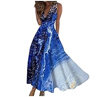Summer Dresses for Women 2024 Vacation, Plus Size Sundress Women Dress Maxi Dress Ladies 2024 Sleeveless Summer V Neck Womens Trendy Retraction Printed Casual Boho Fashion Waist (Dark Blue,3X-Large)