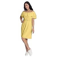 London Times Women's Off The Shoulder Ruffle Sleeve Dress with Elastic Waist