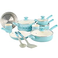 Spice by Tia Mowry Savory Saffron 16-Piece Healthy Nonstick Ceramic Cookware Set - Aqua Blue