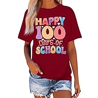 Happy 100 Days of School Shirt Teacher T-Shirt Women Crew Neck Short Sleeve Shirt Gift Tops T-Shirts for 100 Days
