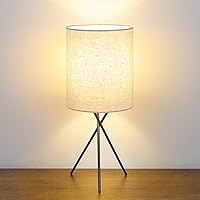 FOLKSMATE Beside Table Lamp with Black Metal Base, Modern Simple Desk Lamp, Nightstand Lamp with Beige Linen Fabric Lampshade, Side Table Lamp for Bedroom Living Room Home Office, Bulb Not Included