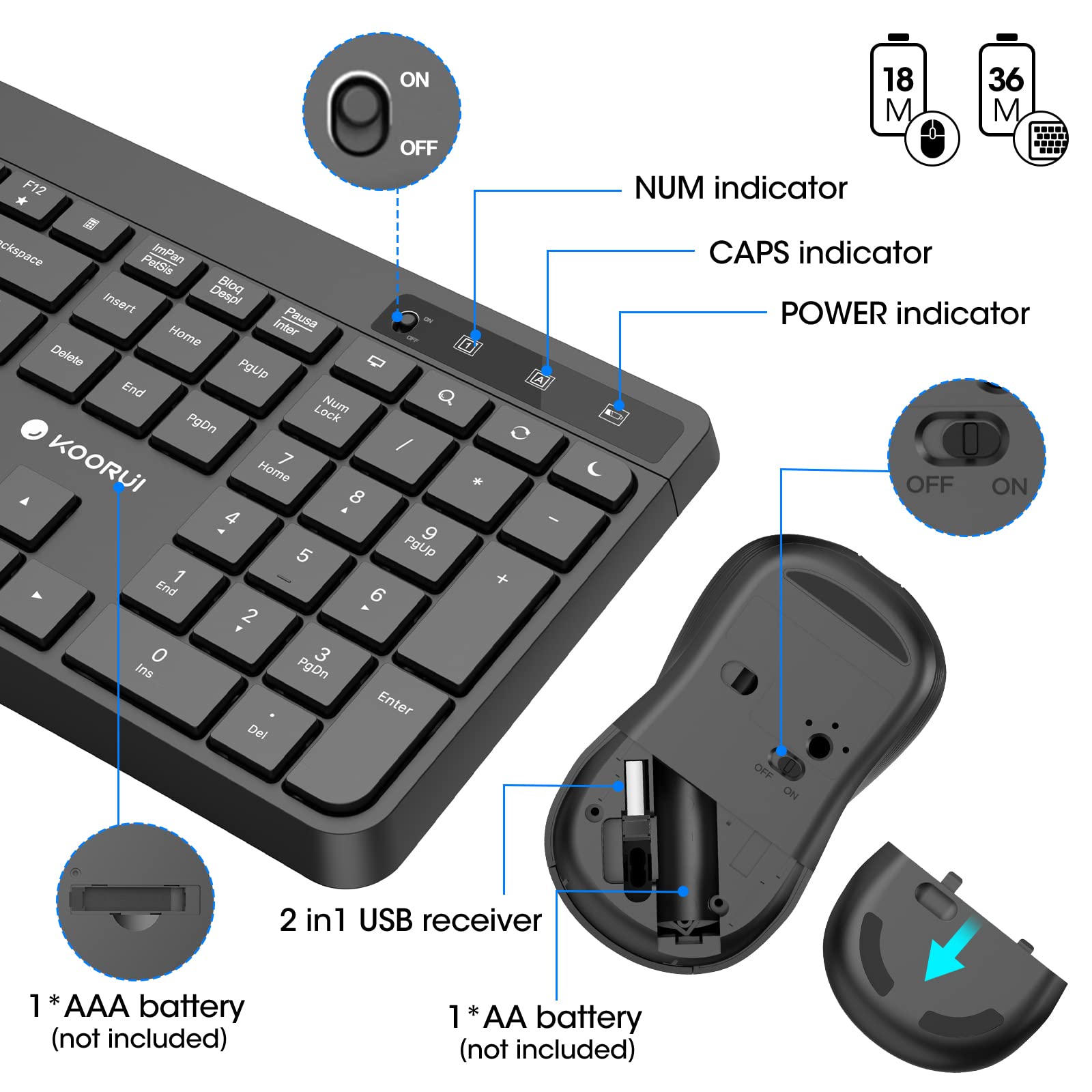 KOORUI Wireless Keyboard and Mouse Combos, 2.4G Silent Full Size Keyboard 3DPI Mouse for Windows MacOS Linux, 12 Multimedia and Shortcut Keys Desktop Computer/Laptop/PC-Black (Battery Not Included)
