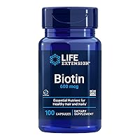 Life Extension Biotin 600 mcg Vitamin B7 Support Supplement for Beautiful Hair, Nails & Beyond – Gluten-Free, Non-GMO - 100 Capsules