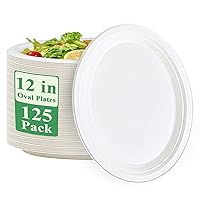 Vplus 100% Compostable Oval Paper Plates 12 inch 125 Pack Super Strong Disposable Paper Plates Bagasse Natural Biodegradable Eco-Friendly Sugarcane Plates for BBQ, Party, Dinner, and Picnic