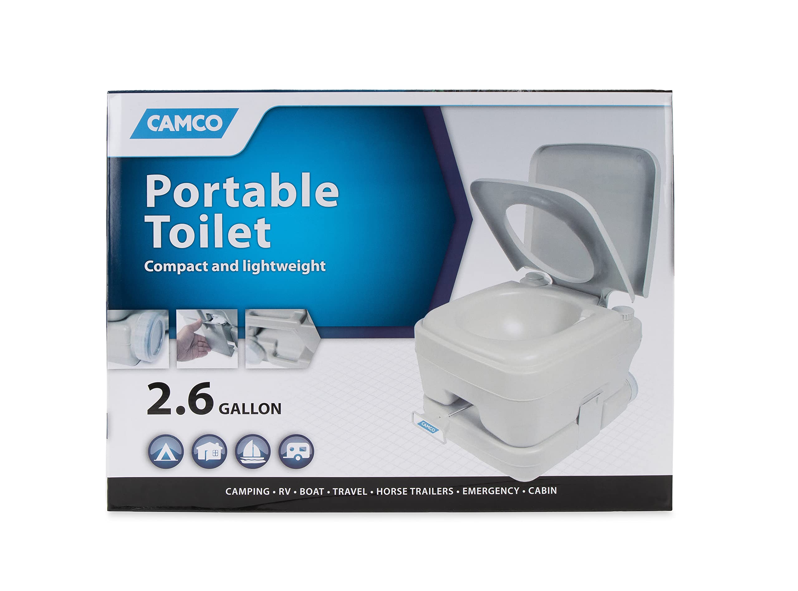 Camco Portable Travel Toilet | Features Bellow-Type Flush and Sealing Slide Valve to Lock-in Odors 2.6 Gallon (41531),Gray/Beige