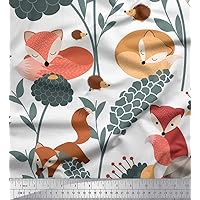 Soimoi Cotton Cambric White Fabric - by The Yard - 42 Inch Wide - Floral, Porcupine & Fox Cartoon Whimsical Trio - Whimsical Trio of Florals, Porcupines, and Foxes in Cartoon Style Printed Fabric