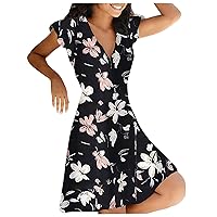 Black Dress Women,Pullover Summer Zipper Women Flower Print Short-Sleeved Dresses V-Neck Womens Casual Long SLE