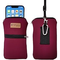 Men Women Phone Neoprene Shockproof Zippered Sleeve Case Bag Pouch with Carabiner, Neck Lanyard, Belt Loop Holster for iPhone 15/14 Pro Max, 15/14 Plus, Samsung S24+, A54 Burgundy (Wine Red)