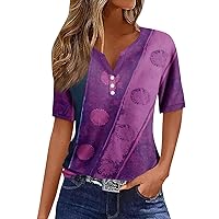 Short Sleeve Shirts for Women,Tops for Women Trendy Vintage Print Button V Neck Top Summer Tops for Women 2024