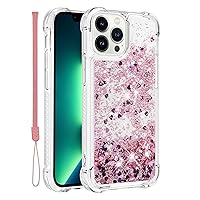 Compatible with Apple iPhone 13 Pro Case, Clear Slim Soft Silicone Glitter Liquid Champagne Quicksand Flowing Floating Phone Back Protective Cover Wrist Band Women Cute Diamond Rose Gold
