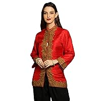 Kashmiri Red Silk Short Jacket with Detailed Paisley Aari Embroidery