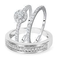 3/4 Ct Round Cut Sim Diamond Men's/Women's Engagement Ring Trio Set 14K White Gold Fn