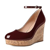 SAMMITOP Wedge Heels for Women Platform High Heel Wedges Closed Round Toe Comfy Espadrilles Ankle Strap Pumps Dress Shoes 4 Inch