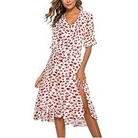 Summer Boho Dresses for Women 2023 Trendy Wrap v Neck Short Sleeve Ruffle Flowy Beach Sundress Tie Waist Long Dress