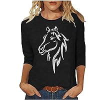 Ethnic Shirts for Women Western Horse Print 3/4 Sleeve Tunic Tops Dressy Crewneck Pullover Blouse Spring Cowgirl Tunic Tshirt