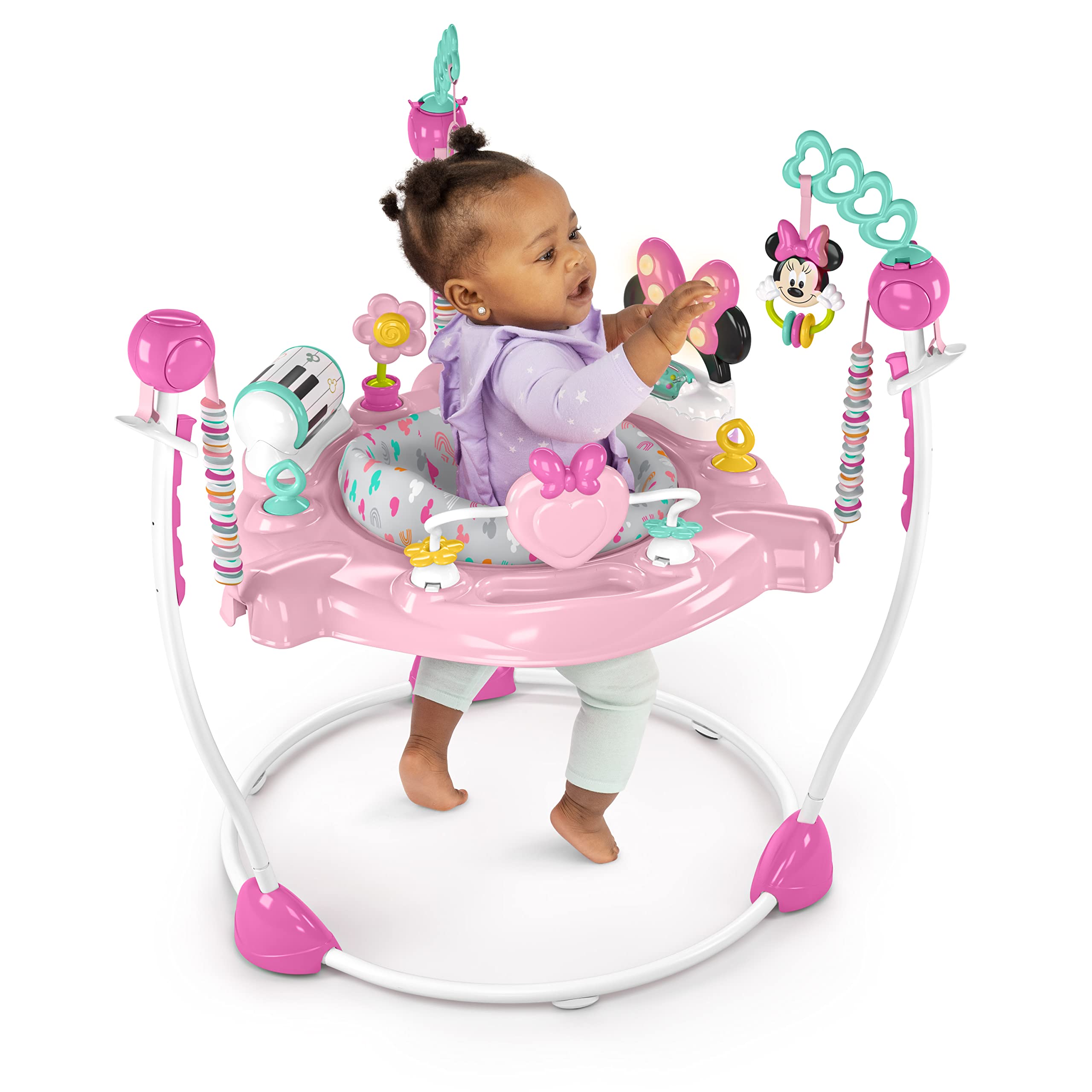 Disney Baby Minnie Mouse Forever Besties Baby Activity Center Jumper with 10 Toys, Lights & Sounds, 360-Degree Seat, 6-12 Months (Pink)