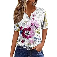 Plus Size for Women Fashion Casual Vintage Gradient Print V-Neck Short Sleeve Decorative Button T-Shirt Top