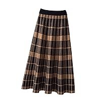 Vintage Plaid Knitted Long Skirt for Women Autumn Winter Elegant A Line Elastic High Waist Mid-Length Skirt