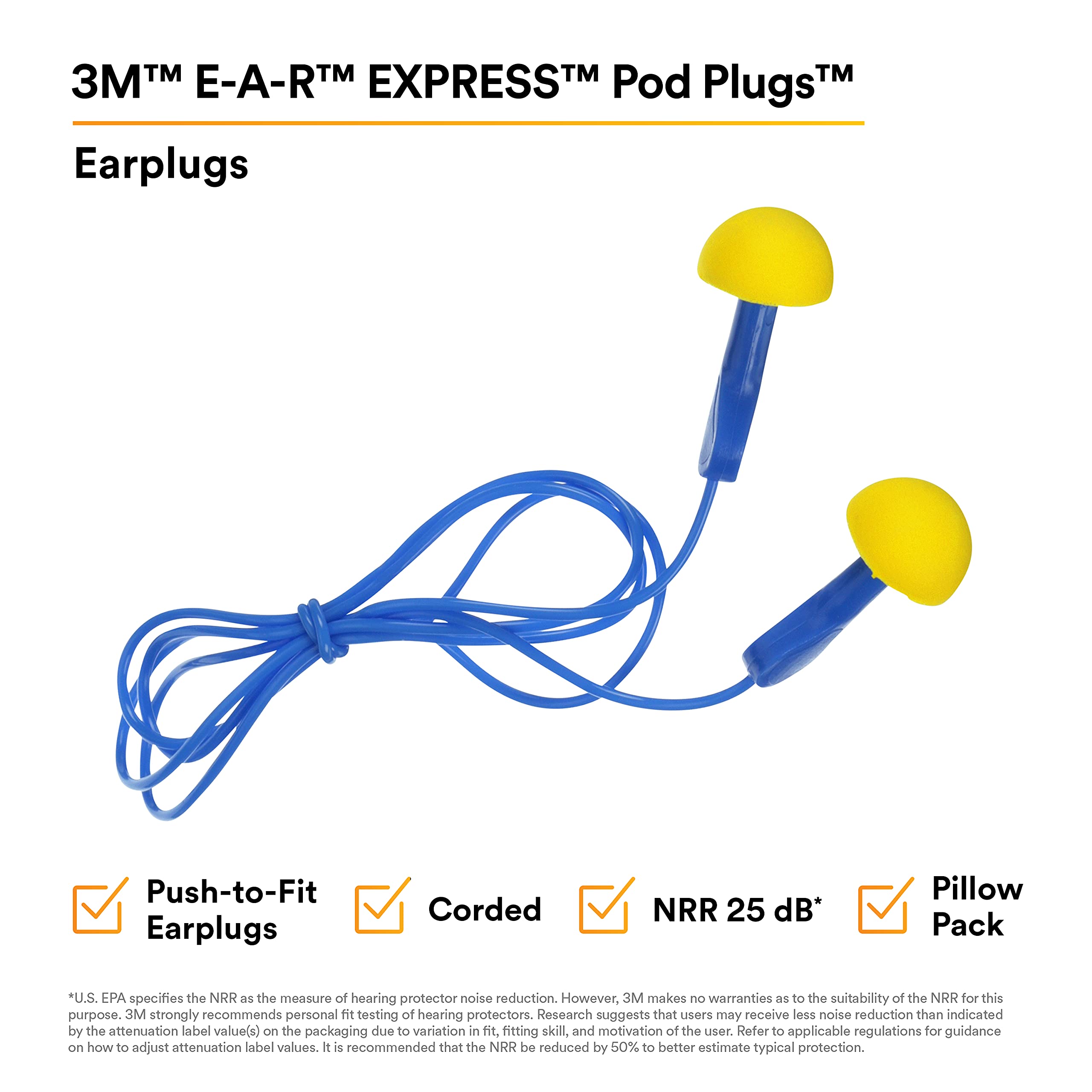 3M E-A-R EXPRESS Pod Plugs Ear Plugs 311-1114, Corded, Blue Grips, Pillow Pack