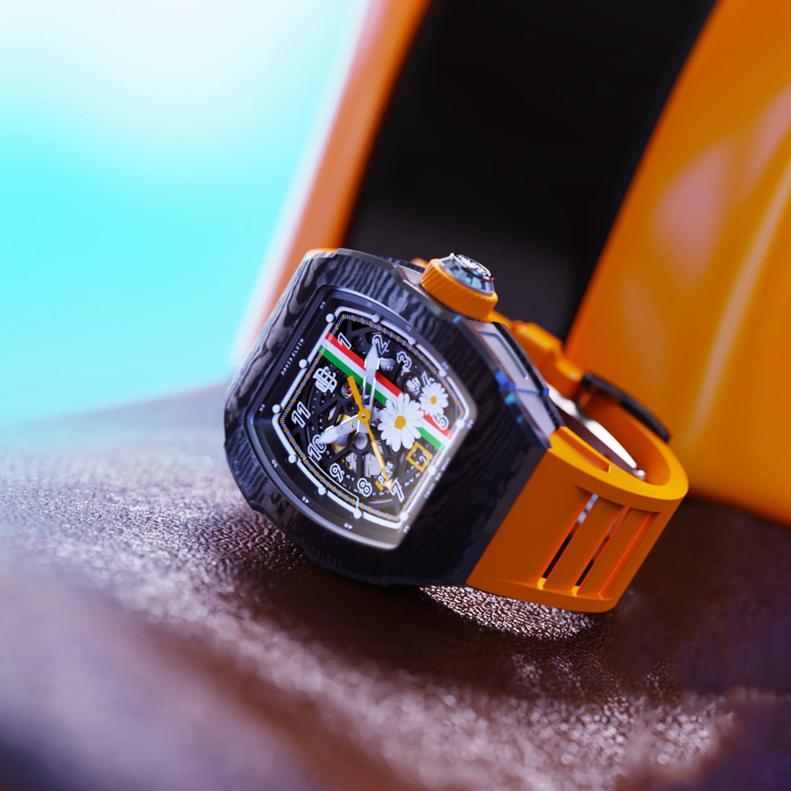 DAVIS ELVIN Carbon Fiber Gentleman Watch Birthday Gift Surprise for Men Tonneau Design Fashion Wrist Watch Swiss Automatic Movement Mechanical Watch Global Popular Original Men's Wristwatch-DR05-D