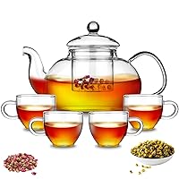 Kyraton Glass Tea Pot with 4 Tea Cups, Removable Infuser, Blooming and Loose Leaf Tea Maker and Teacups Set, Stovetop Microwave Safe Tea Kettle