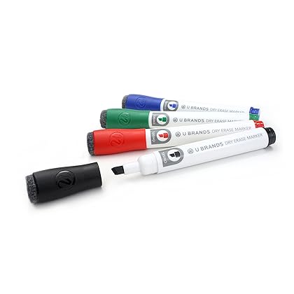 U Brands Low Odor Dry Erase Markers With Erasers, Chisel Tip, Assorted Classic Colors, 4-Count