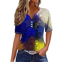 Patriotic Shirts for Women 2024 American Flag 4th of July Tops Print Button Short Sleeve Graphic Summer Tees