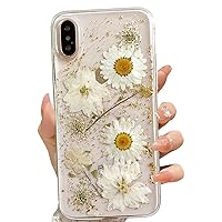 for iPhone X/iPhone Xs Clear Case with Pressed Real Flowers Design,Glitter Cute White Floral Pattern Slim Soft TPU Protective Women Girl's Phone Cover for iPhone X/Xs