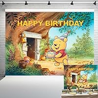 Baby Pooh Bear Spring Backdrop for Birthday Party Hundred Acre Wood Tree House Background with Honey Jar Banner Kids 1st Birthday Decorations 8x6 ft