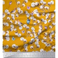 Soimoi Valvet Gold Fabric - by The Yard - 58 Inch Wide- American Robin & Cotton Ball Floral Print Fabric - Artistic and Whimsical Designs for Fashion and Home Printed Fabric