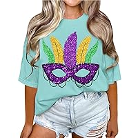 Women's Mardi Gras Shirts Love Print Loose Round Neck Short Sleeve T-Shirt Solid Color Outfit Shirts, S-3XL