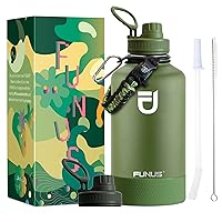 FUNUS 64oz Insulated Water Bottle (2 Lids) Vacuum Stainless Steel with Handle Flip Top Lid and Paracord BPA Free Metal Water Jug Sports Outdoor Camping