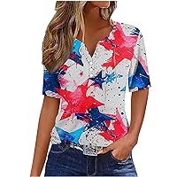 Women 4th of July Patriotic Tops Summer Funny Art Star Print Henley Shirt Casual Short Sleeve Colorful USA Flag Tees