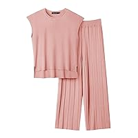 MEROKEETY Women’s 2 Piece Outfits Knit Matching Lounge Sets Cap Sleeve Sweater Top and Elastic Waisted Pleated Pants