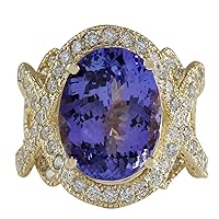 10.62 Carat Natural Blue Tanzanite and Diamond (F-G Color, VS1-VS2 Clarity) 14K Yellow Gold Luxury Cocktail Ring for Women Exclusively Handcrafted in USA
