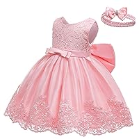 0-6T Toddler Girls Pageant Lace Dresses Baby Birthday Party Embroidery Dress with Headwear