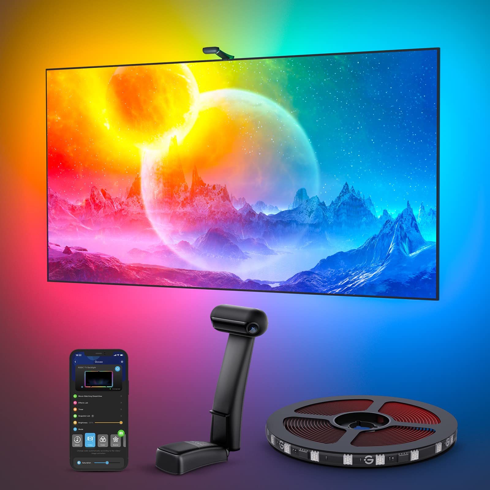 Govee Envisual TV Backlight T2 with Dual Cameras, 16.4ft RGBIC Wi-Fi TV LED Backlights for 75-85 inch TVs, Double Light Beads, Adapts to Ultra-Thin TVs, Smart App Control, Music Sync, H605C
