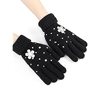 Formery Winter Knitted Sparkly Gloves Black Rhinestone Full Finger Gloves Pearls Flower Touchscreen Winter Warm Gloves for Women and Girls