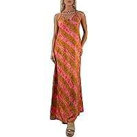 Women's Boho Tie Dye Maxi Dress Long Tied Backless Spaghetti Strap V Neck Sleeveless Beach Chic Resort Casual Summer Sundress (Pink and Brown Striped)