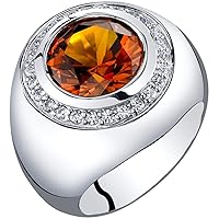 PEORA Men's Created Cognac Sapphire Signet Ring 925 Sterling Silver, Large 6 Carats Round Shape 11mm, Sizes 8 to 13