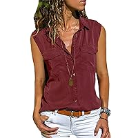 Andongnywell Solid Color Casual Lapel Sleeveless Shirt Pocket Shirt Women's wear Summer Buttons Cardigan Tops