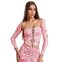 Women's Tops Figure & Heart Print Lace Up Front Crop Top Sexy Tops for Women