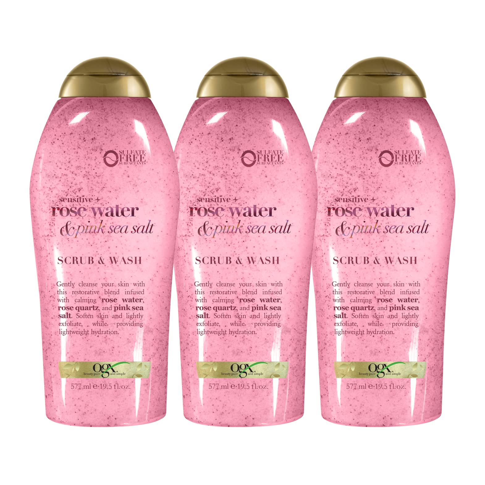 OGX Sensitive + Pink Sea Salt & Rosewater Sulfate-Free Soothing Body Scrub with Healing Rose Quartz, Gentle Exfoliating Daily Body Wash to Soften & Smooth Skin, 19.5 Fl Oz (pack of 3)