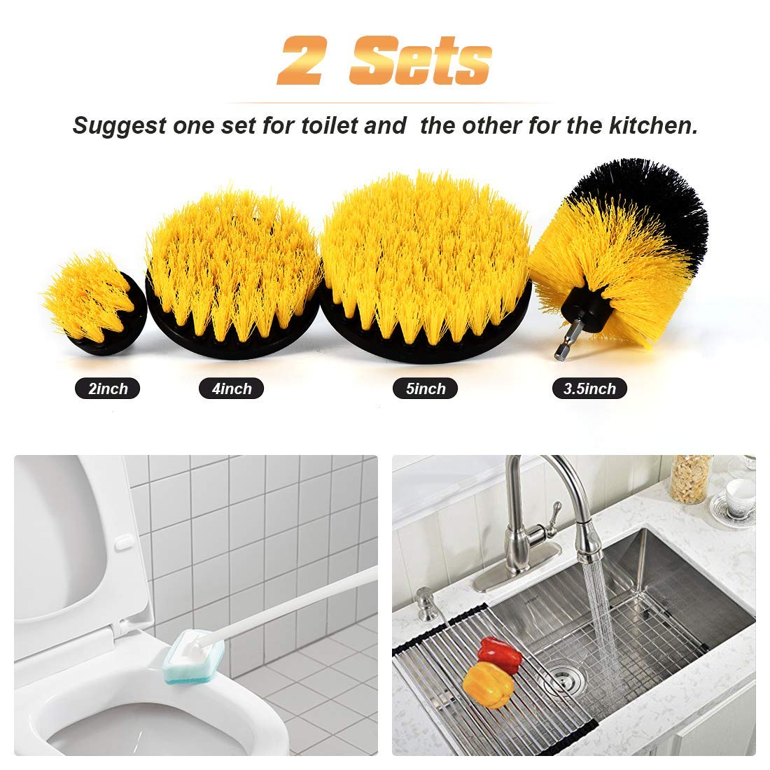 Shieldpro Drill Brush Attachment Set,Power Cleaning Scrub Brush,All Purpose Drill Brushes with Extend Long Attachment for Bathroom and Kitchen Surface,Grout,Tub,Shower,Tile,Corners, Automotive-Yellow